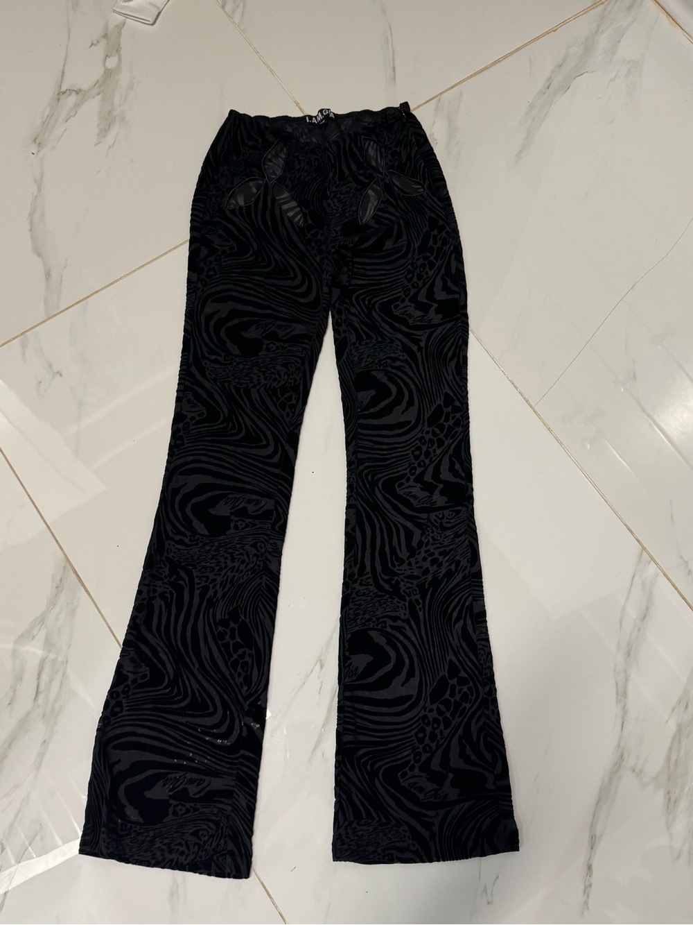 I.AM.GIA Black Velvet Flare Pants with Swirl Texture